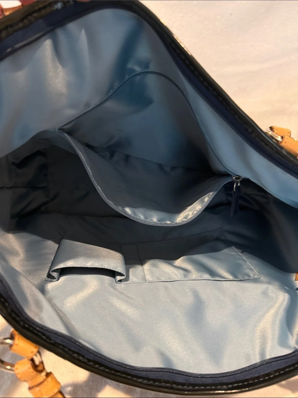 Coach Patent Leather Tote in Navy Blue with Tan Straps